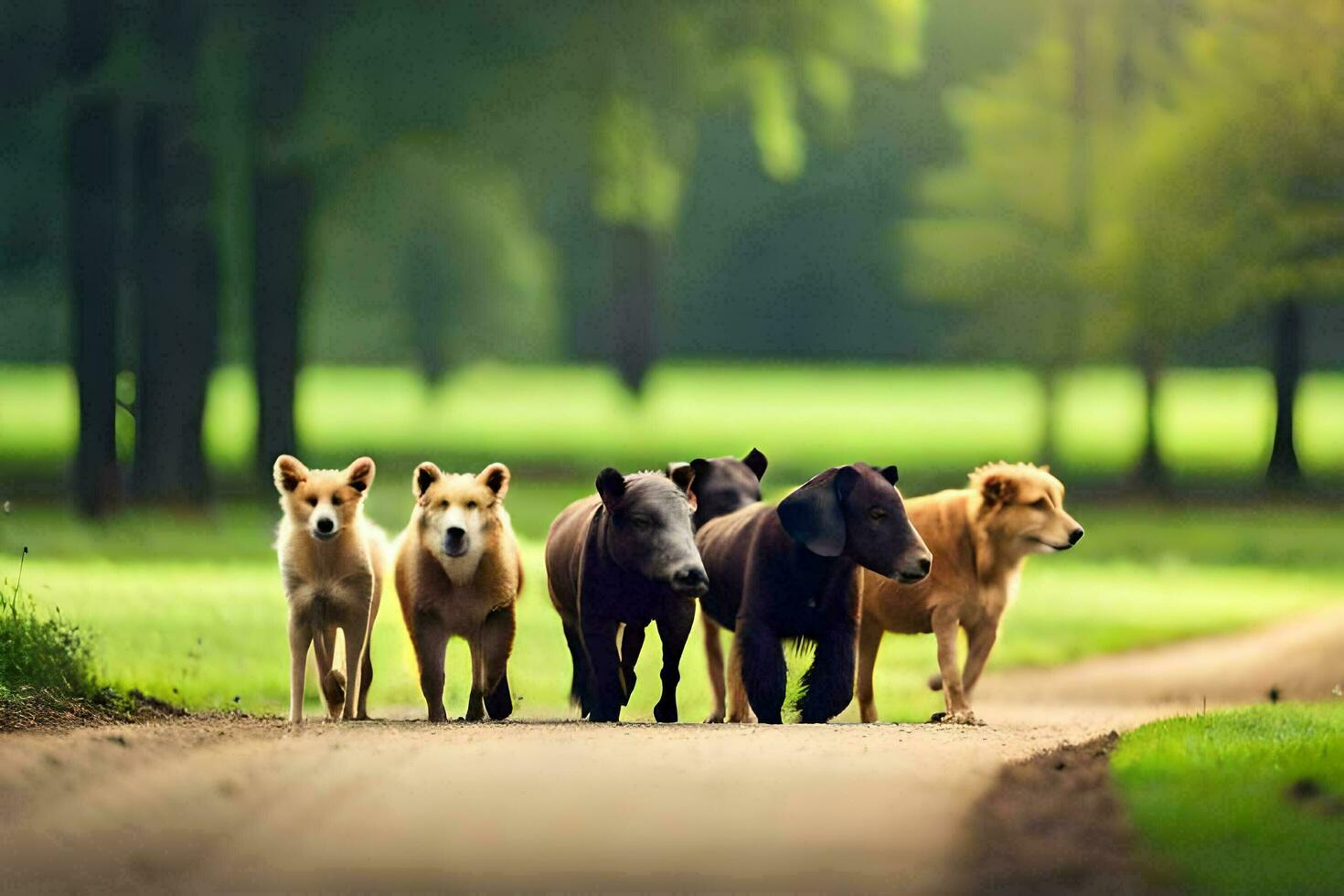 a group of dogs walking down a road. AI-Generated photo