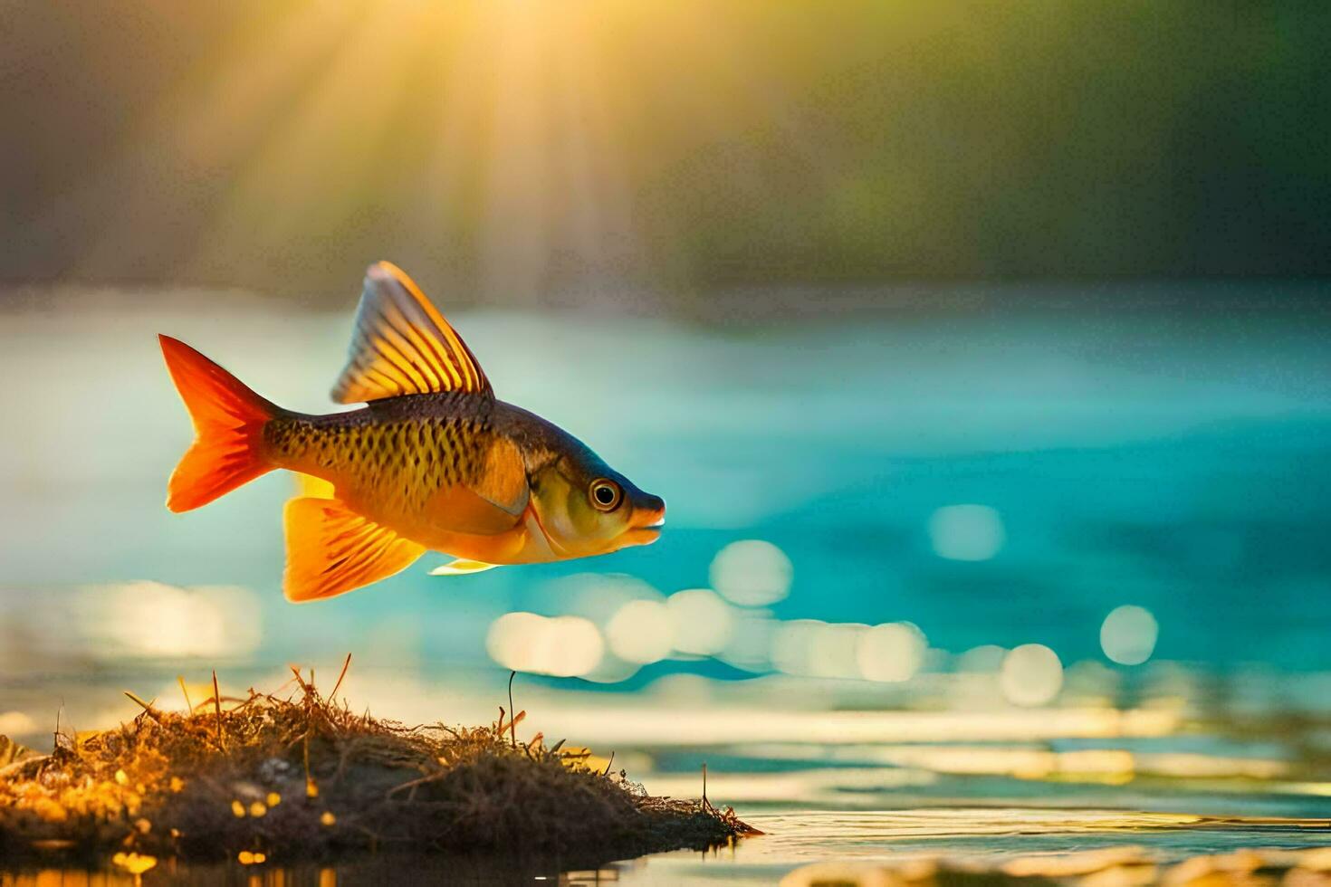 A Fish Jumping Out Of The Water At Sunset AI Generated 31860124 Stock a-fish-jumping-out-of-the-water-at-sunset-ai-generated-31860124-stock