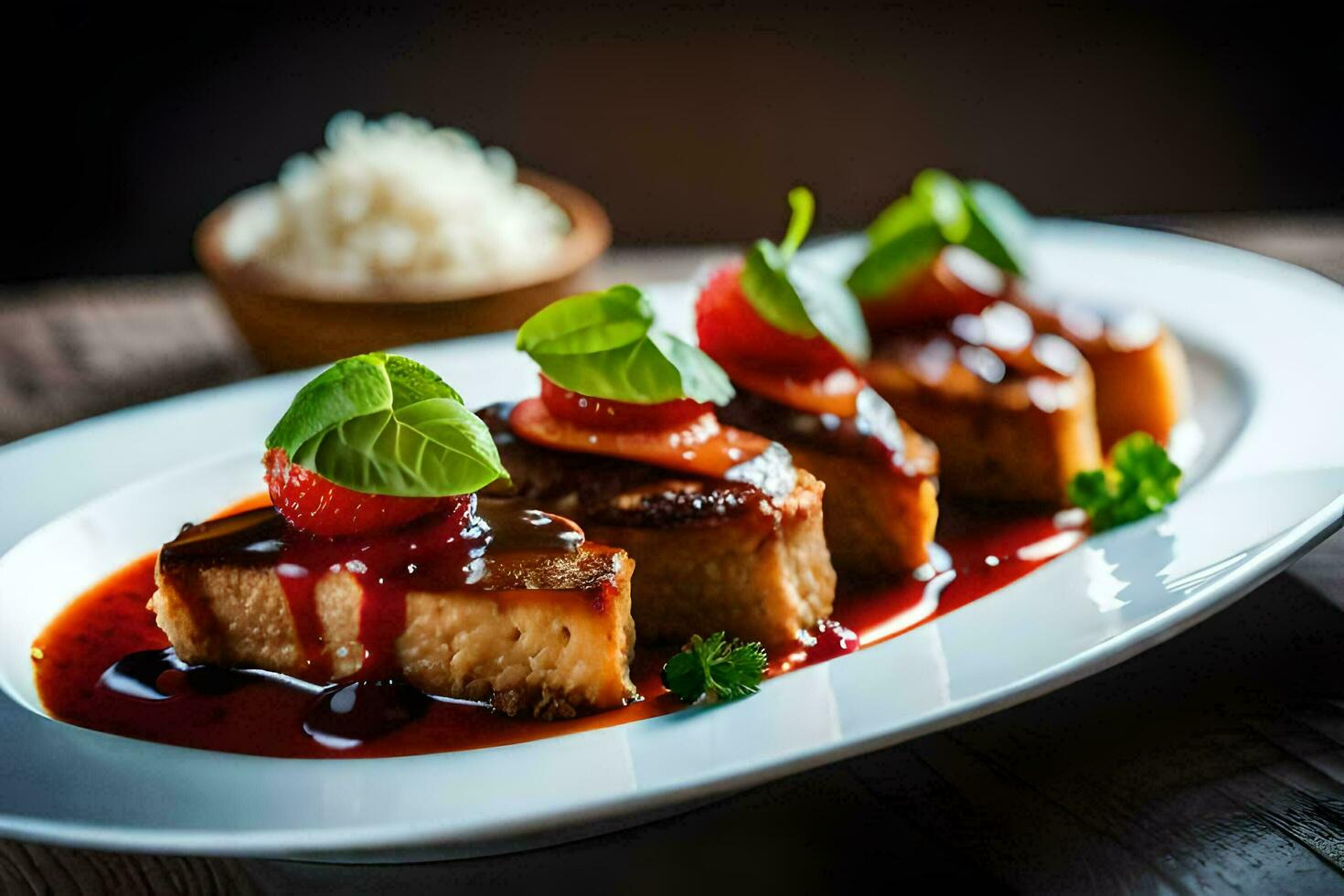 a plate of food with strawberries and sauce. AI-Generated photo