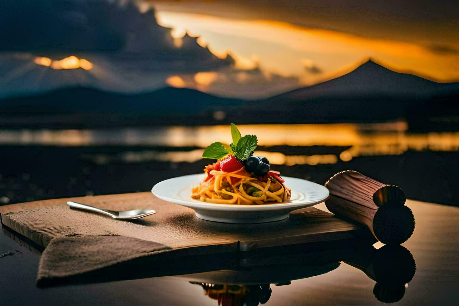 a plate of pasta with berries and a cup of coffee on a table in front of a lake. AI-Generated photo