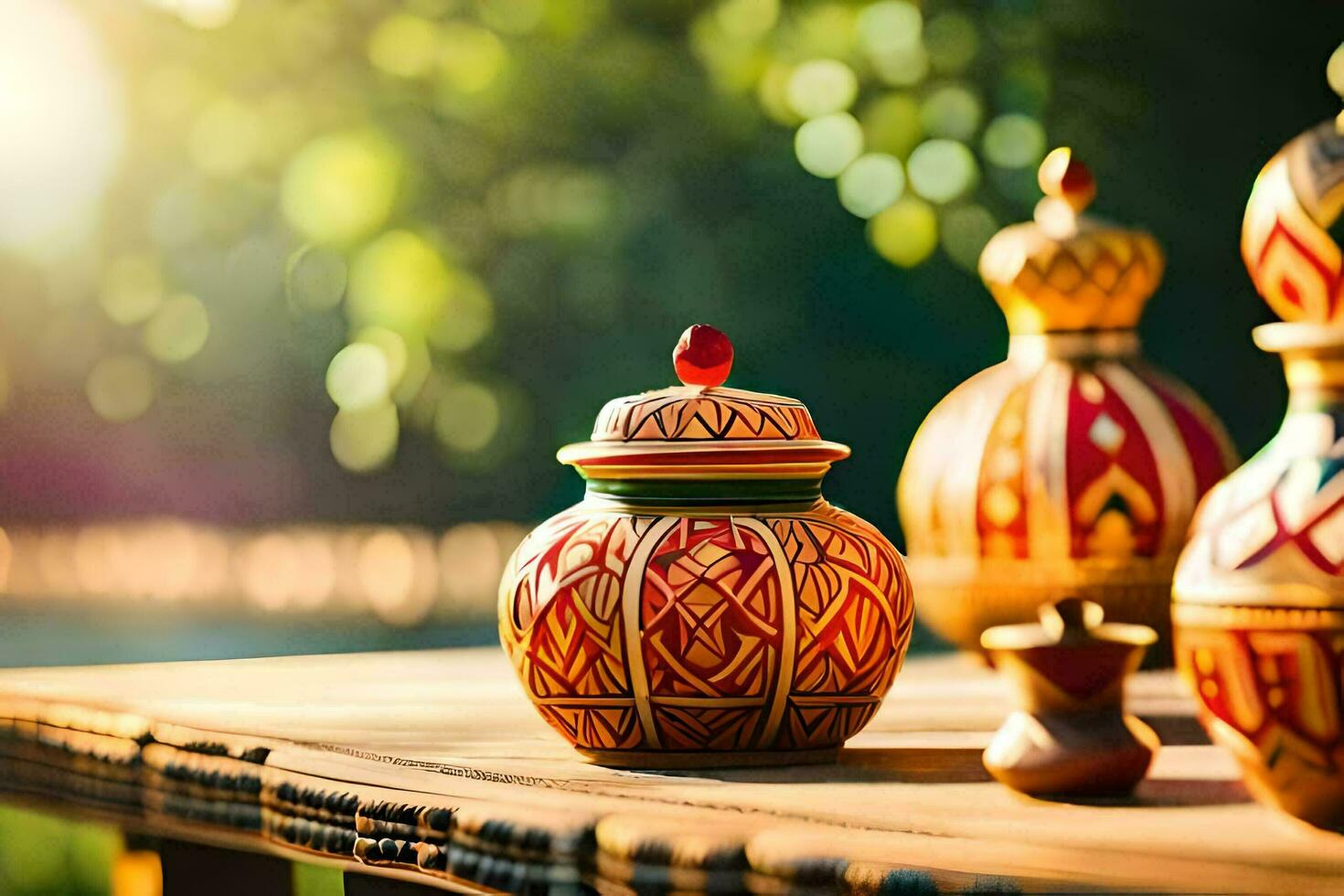 colorful ceramic vases on a wooden table. AI-Generated photo