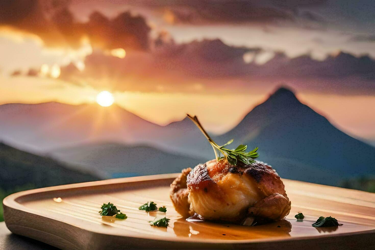 a plate of food with a view of the sunset. AI-Generated photo