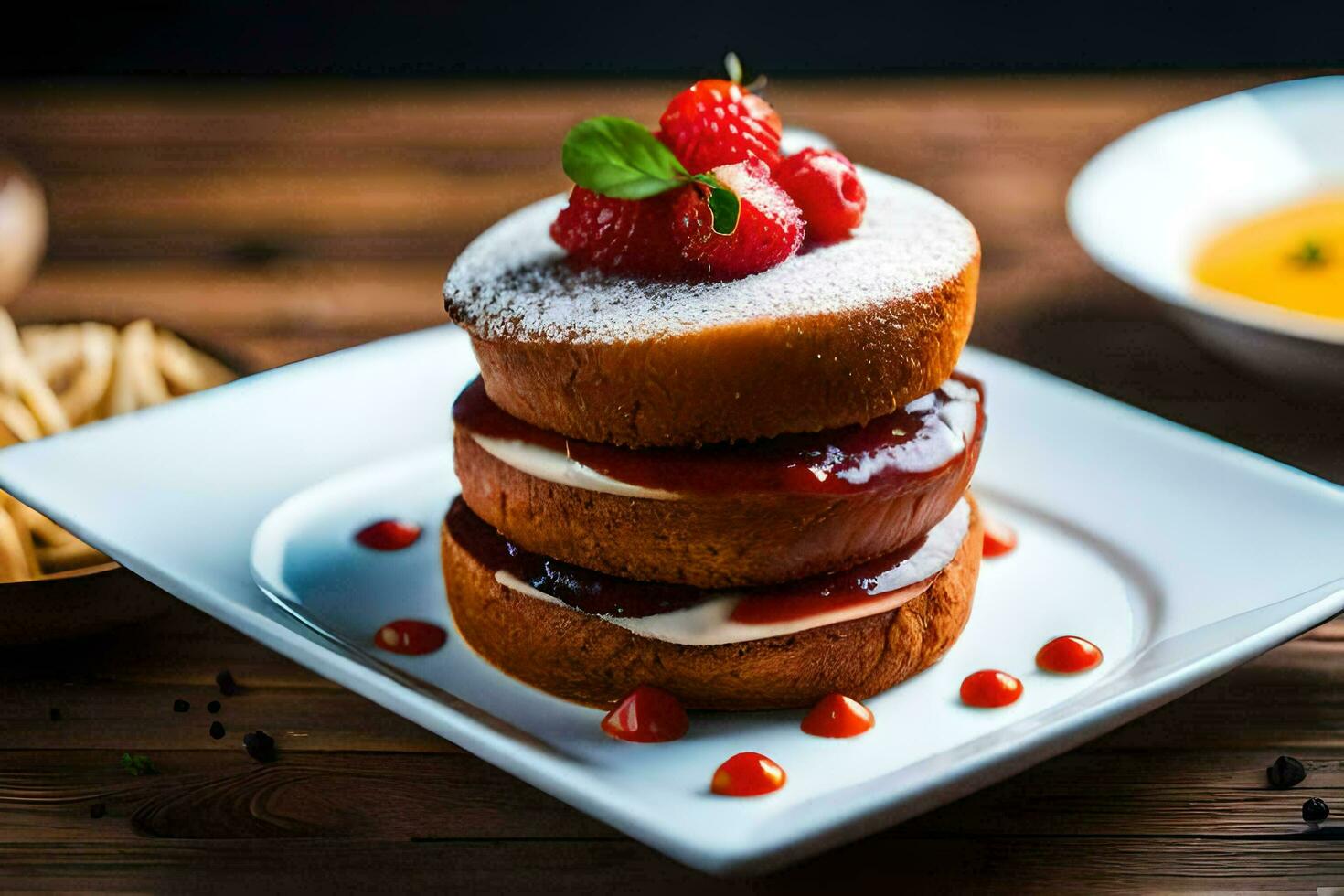 un apilar de Tres pasteles con fresa mermelada y fresas generado por ai foto