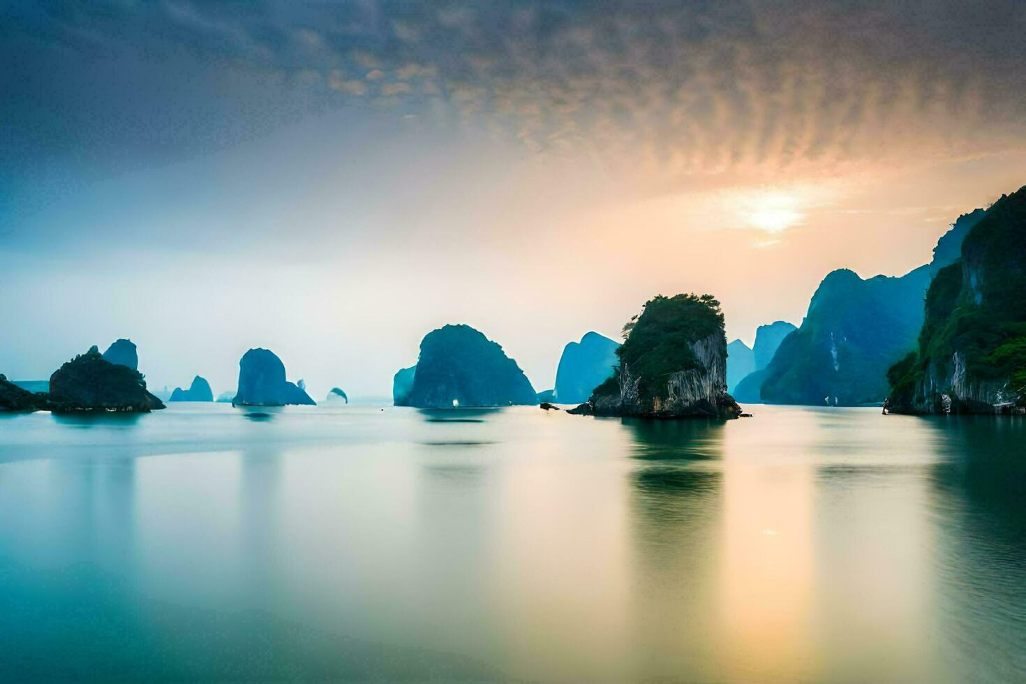 the sun is setting over the water in halong bay. AI-Generated photo