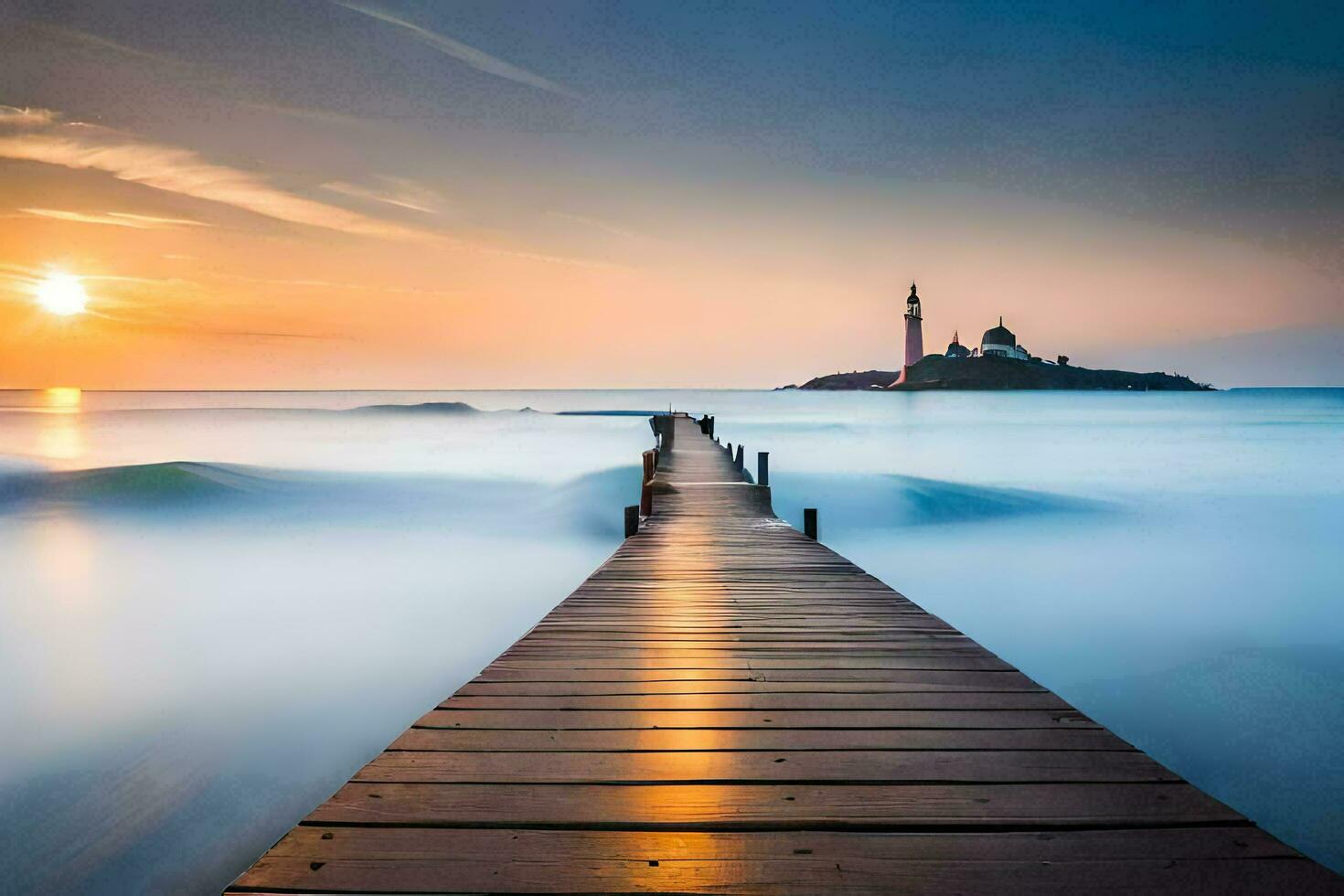 a long exposure photo of a pier stretching into the ocean. AI-Generated