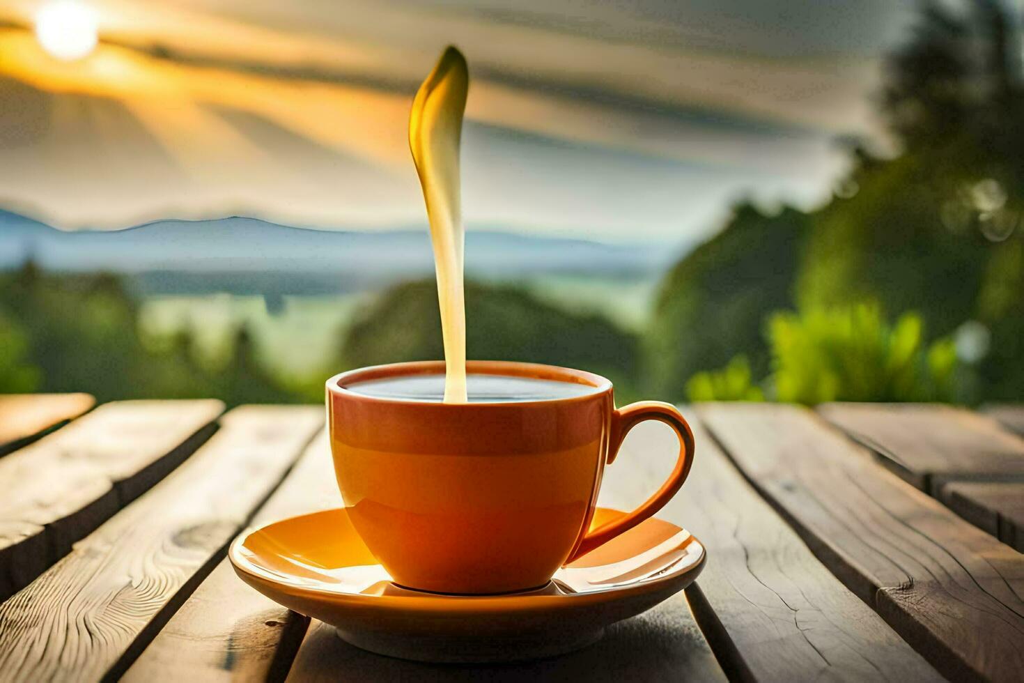 a cup of coffee on a wooden table. AI-Generated photo