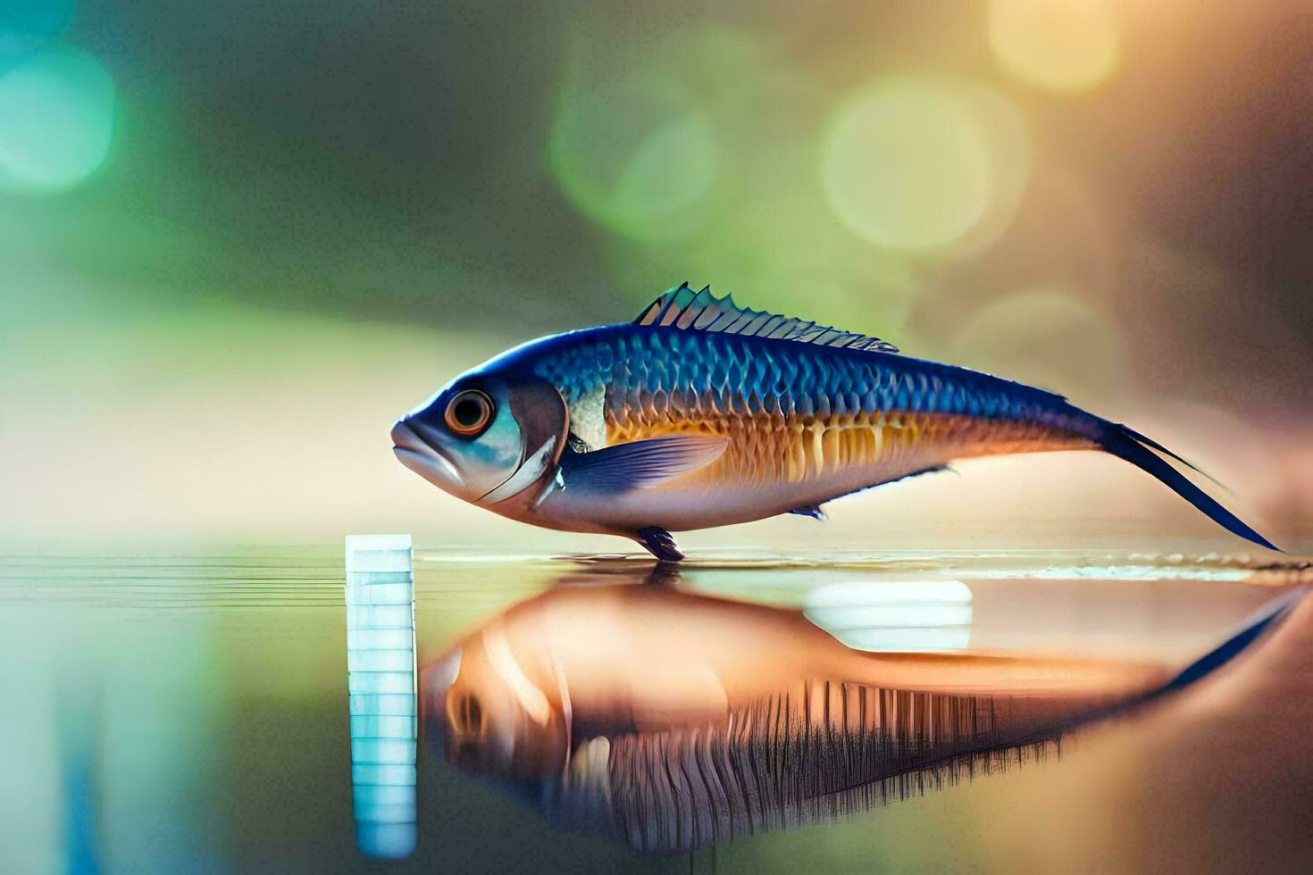 a fish is standing on the water with a blurry background. AI-Generated photo