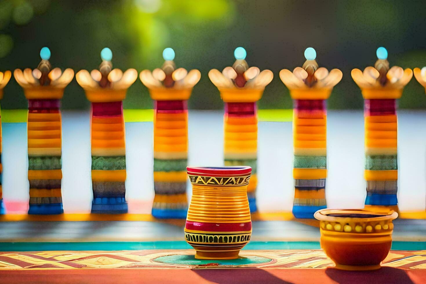 vistoso floreros y velas son arreglado en un mesa. generado por ai foto