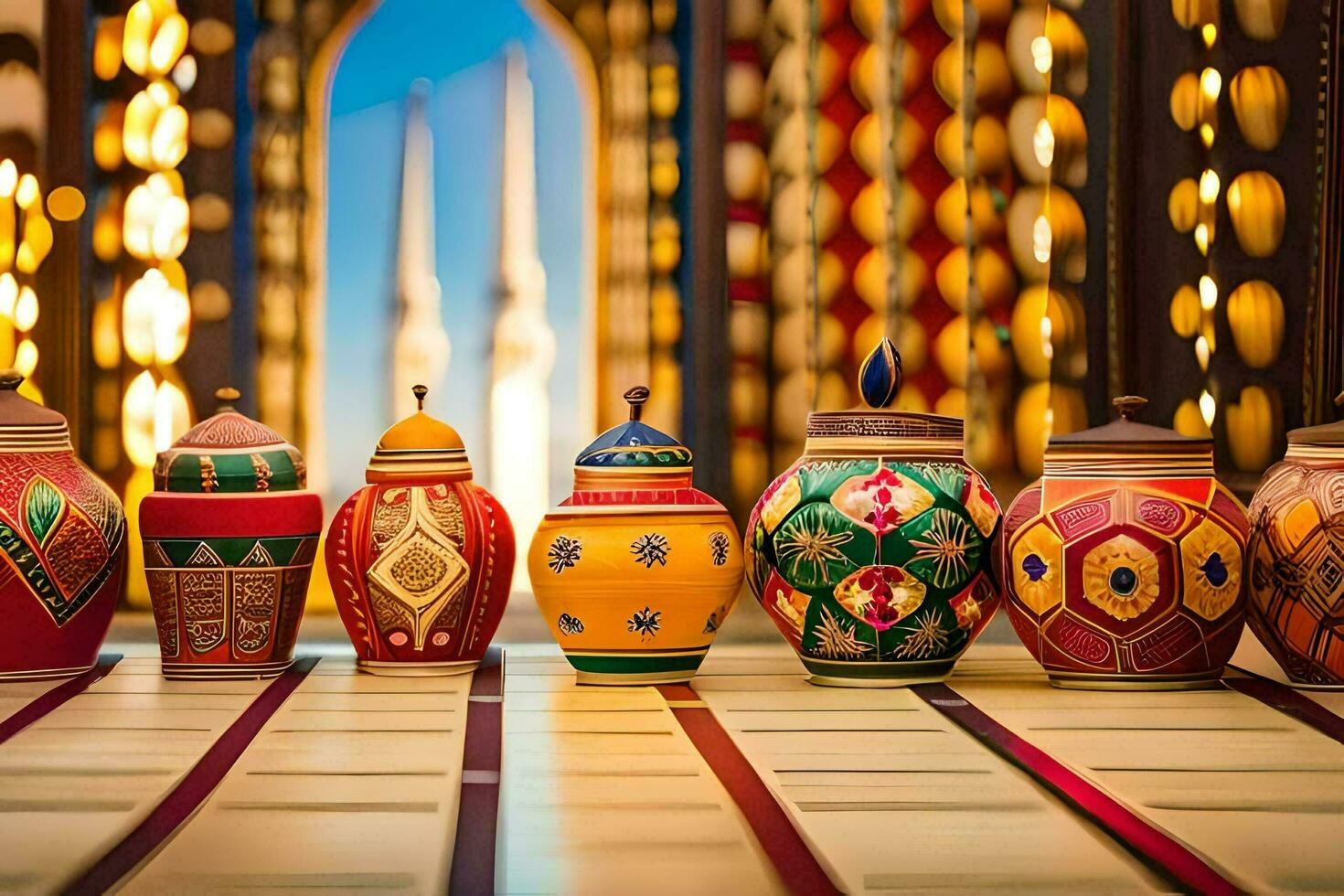 colorful vases lined up on a table. AI-Generated photo