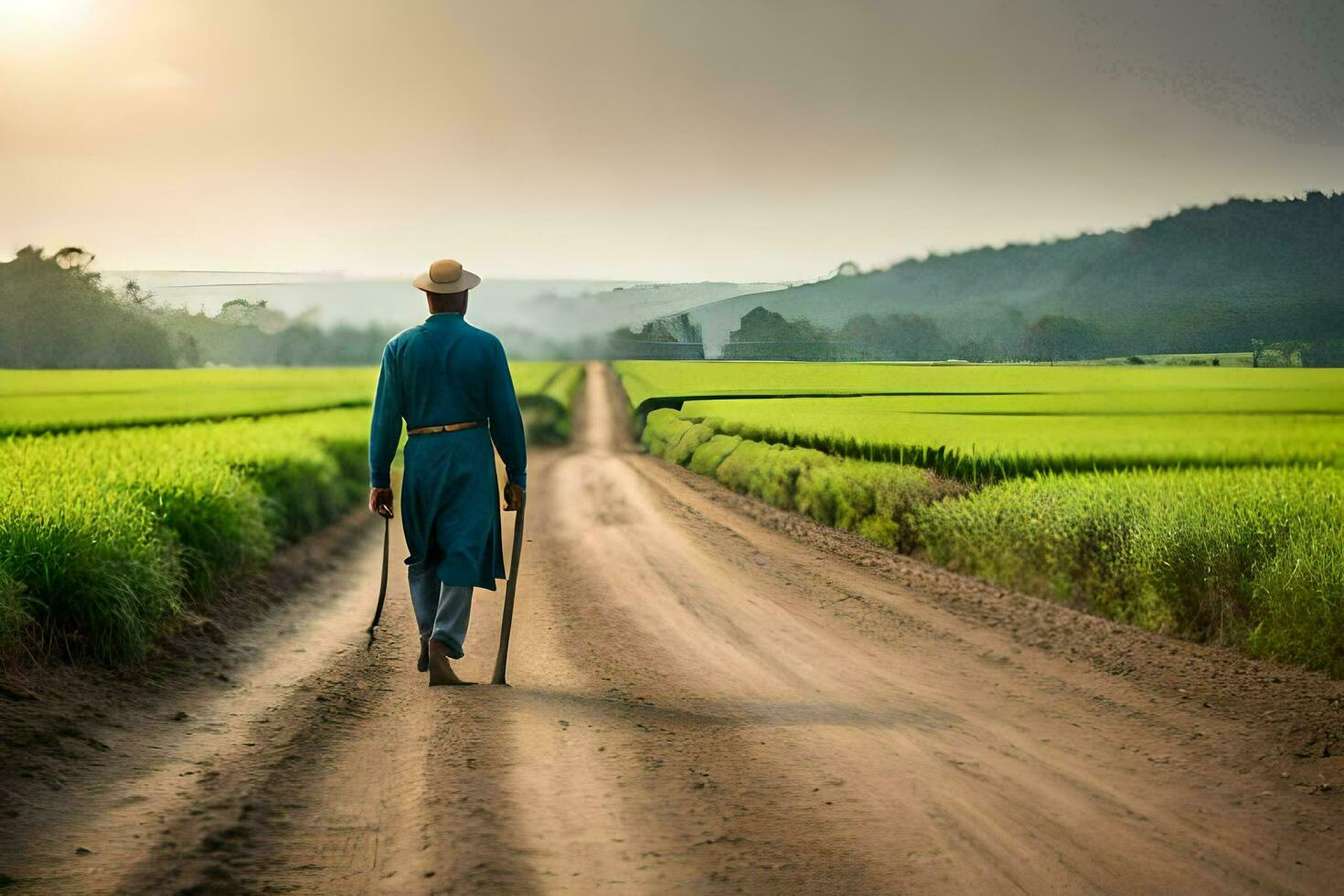a man walking down a dirt road in front of a green field. AI-Generated photo