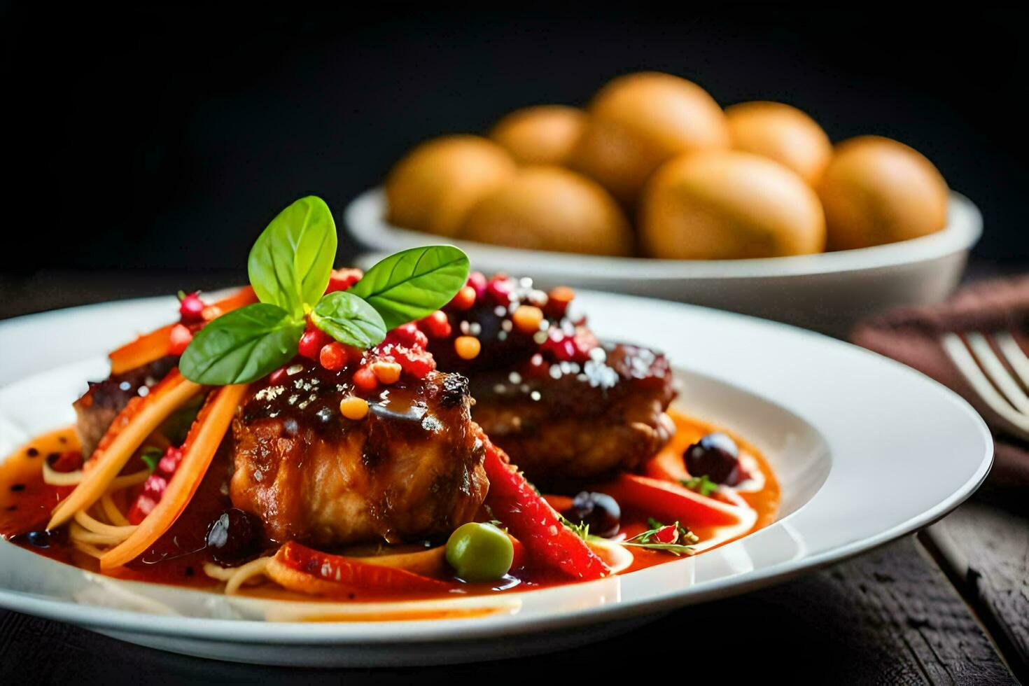 the food is served on a plate with a fork and a spoon. AI-Generated photo