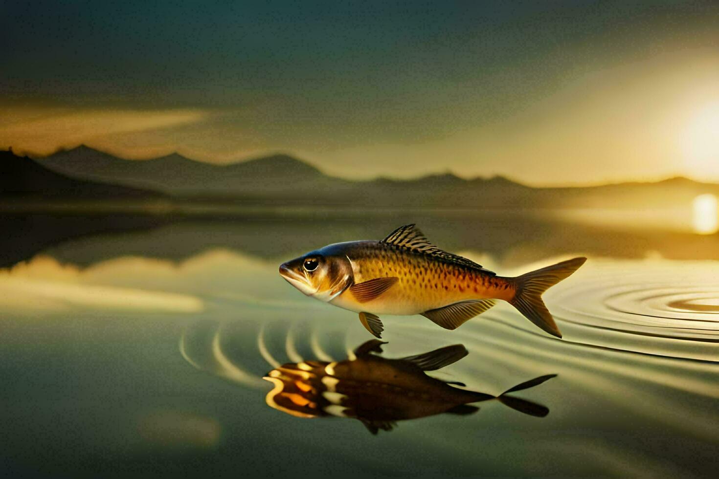 a fish is standing on the water with the sun setting behind it. AI-Generated photo