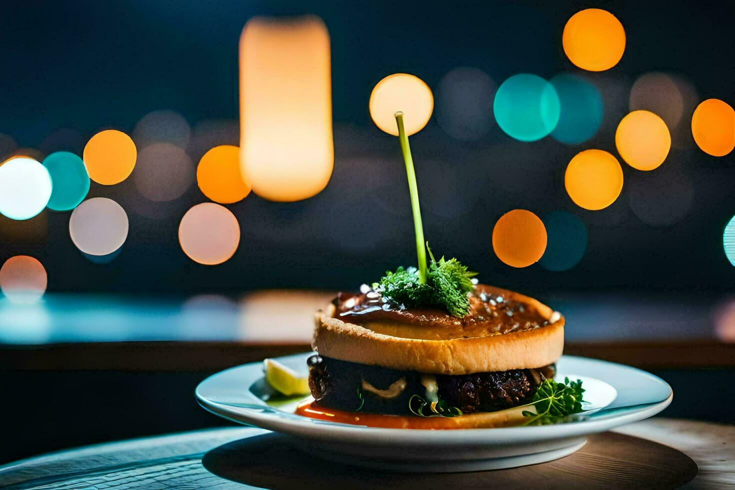 a burger sitting on a plate with a fork. AI-Generated photo