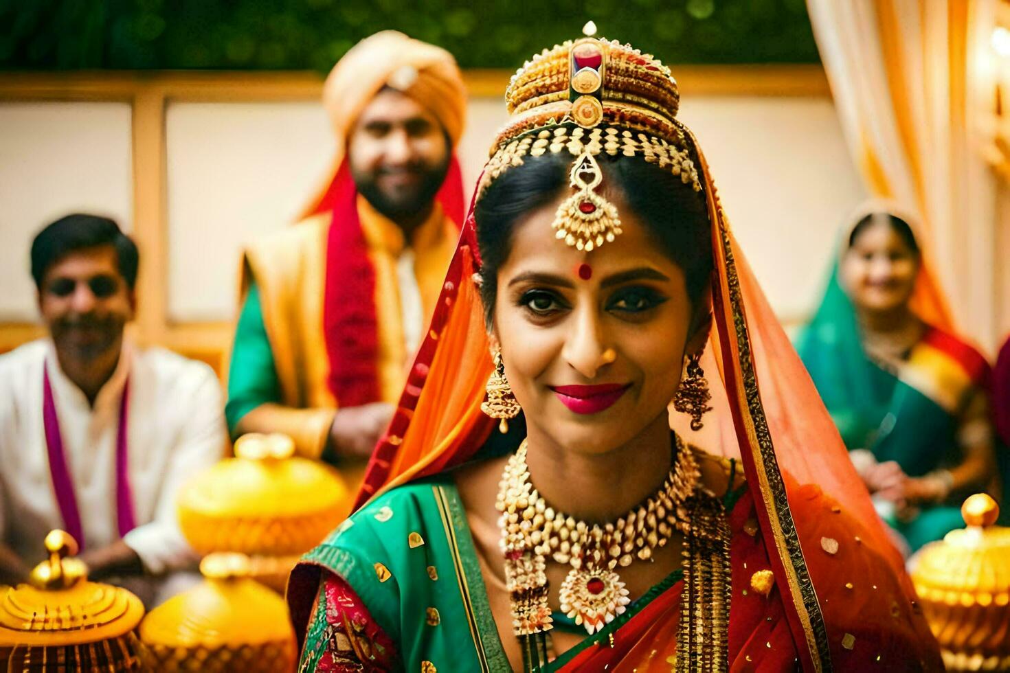 indian bride in traditional attire with gold jewelry. AI-Generated photo