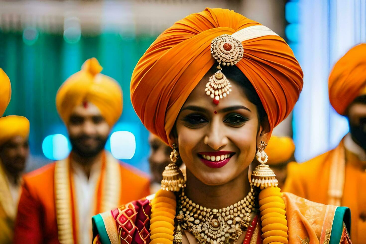 a bride in an orange turban and jewelry. AI-Generated photo