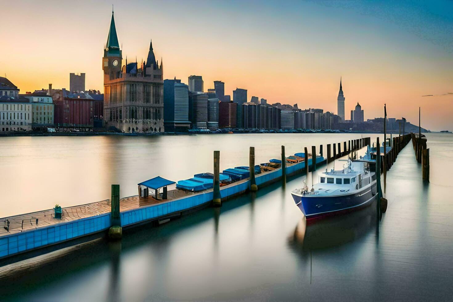 a boat docked at the dock in front of a city. AI-Generated photo