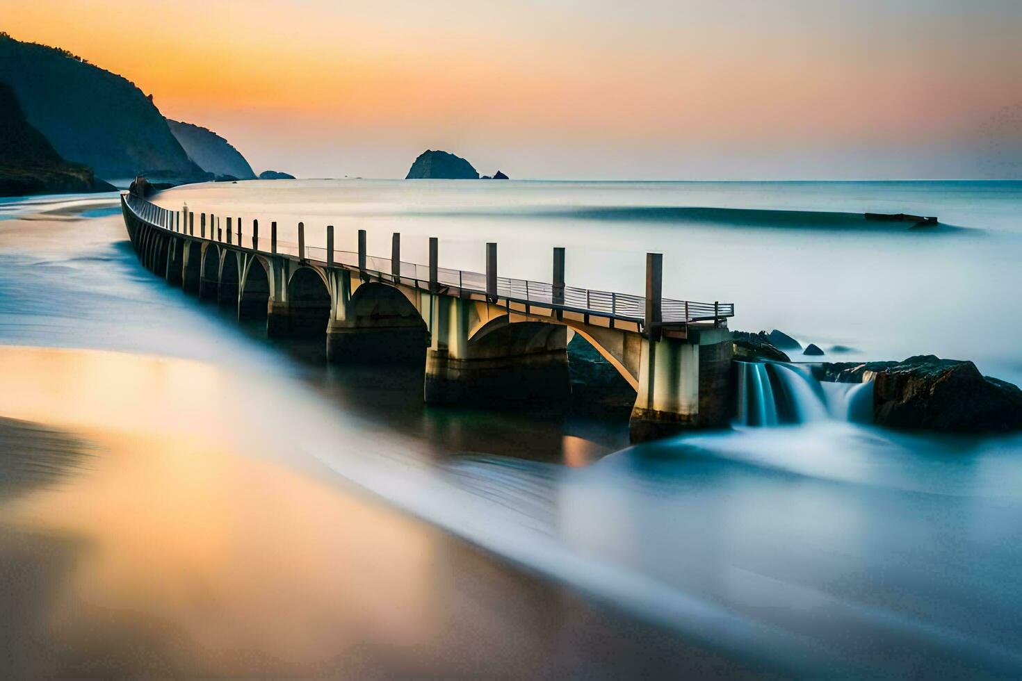 a long exposure photograph of a pier at sunset. AI-Generated photo