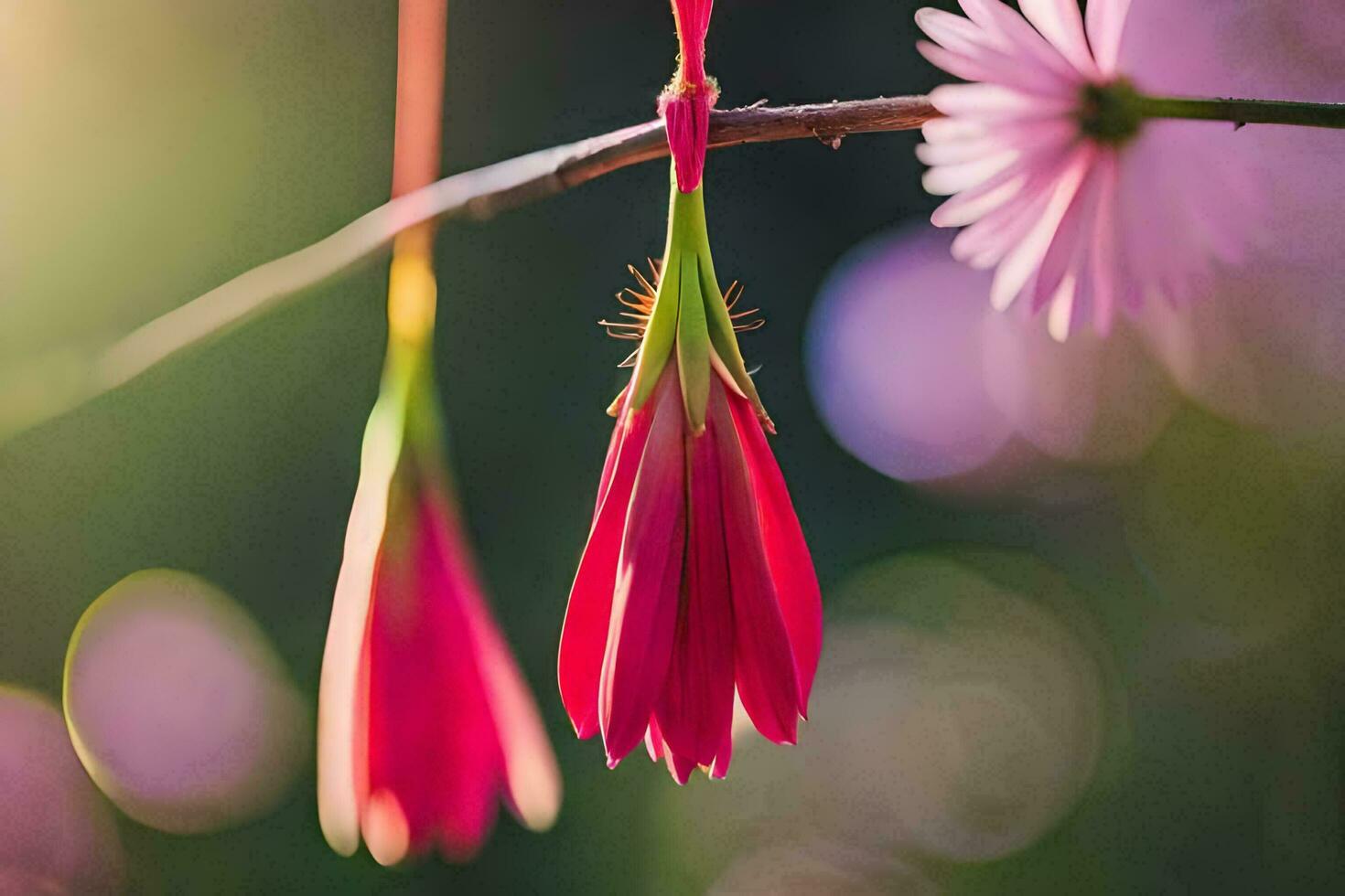 a pink flower is hanging from a branch. AI-Generated photo