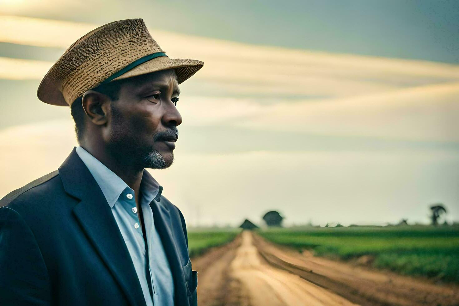 a man in a hat stands on a dirt road. AI-Generated photo