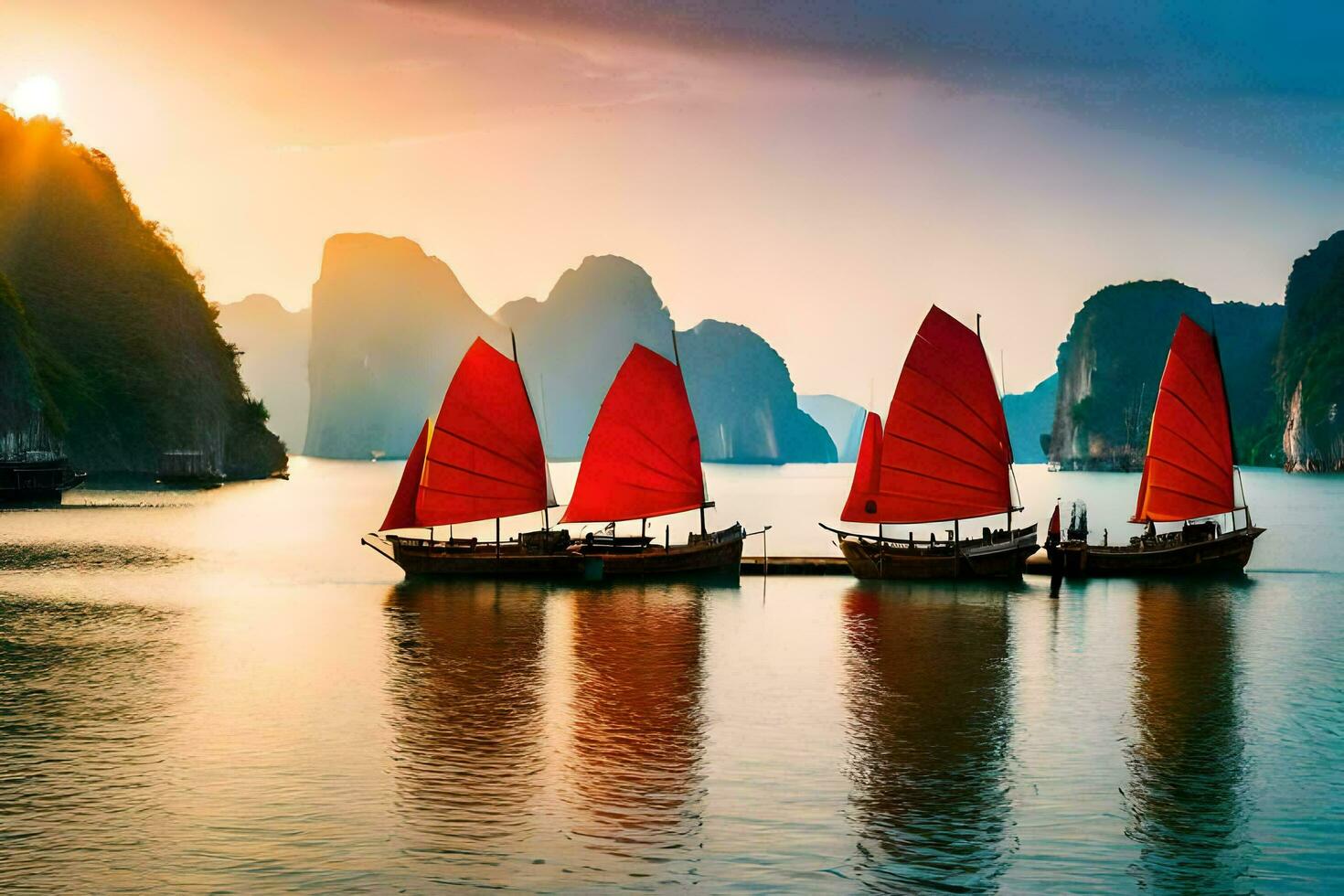 three boats with red sails in the water. AI-Generated photo