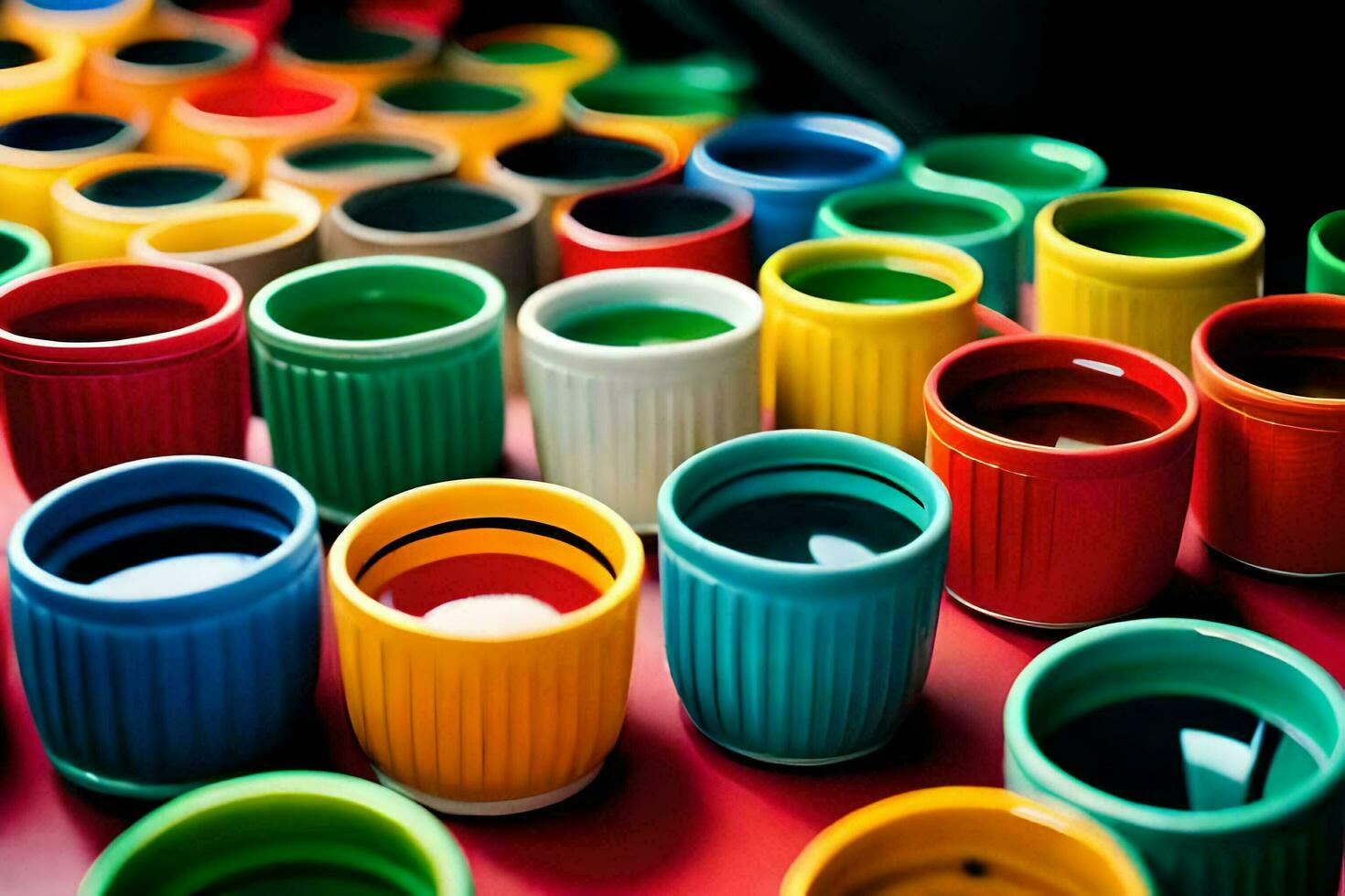colorful cups are arranged on a table. AI-Generated photo