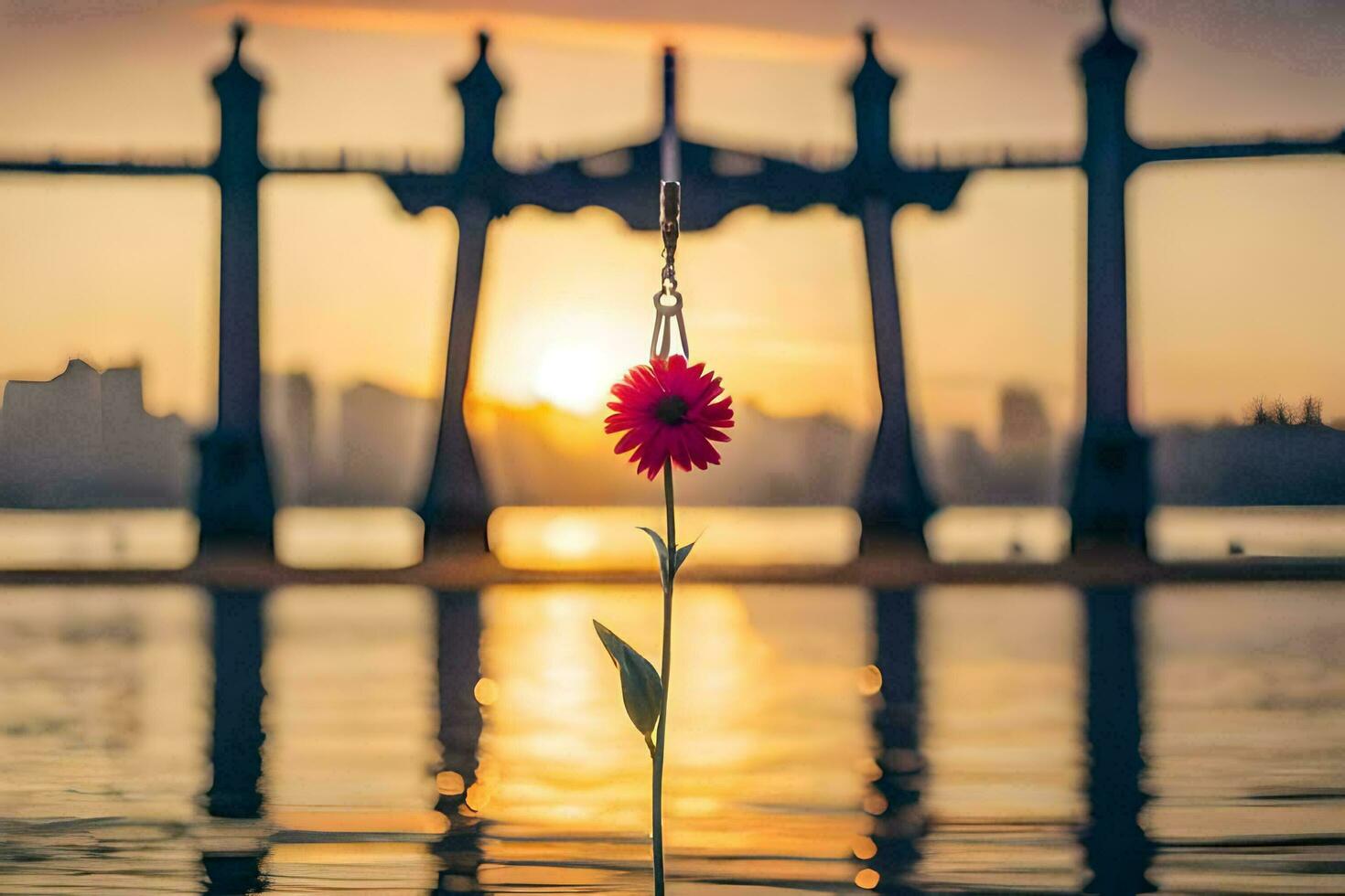 a red flower is sitting on a pier in front of a bridge. AI-Generated photo
