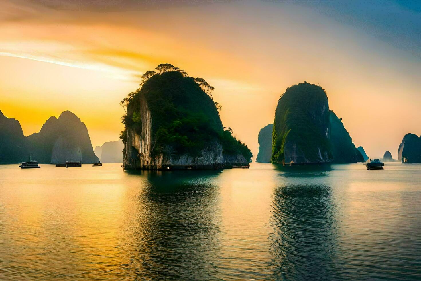 the sunset over halong bay, vietnam. AI-Generated photo