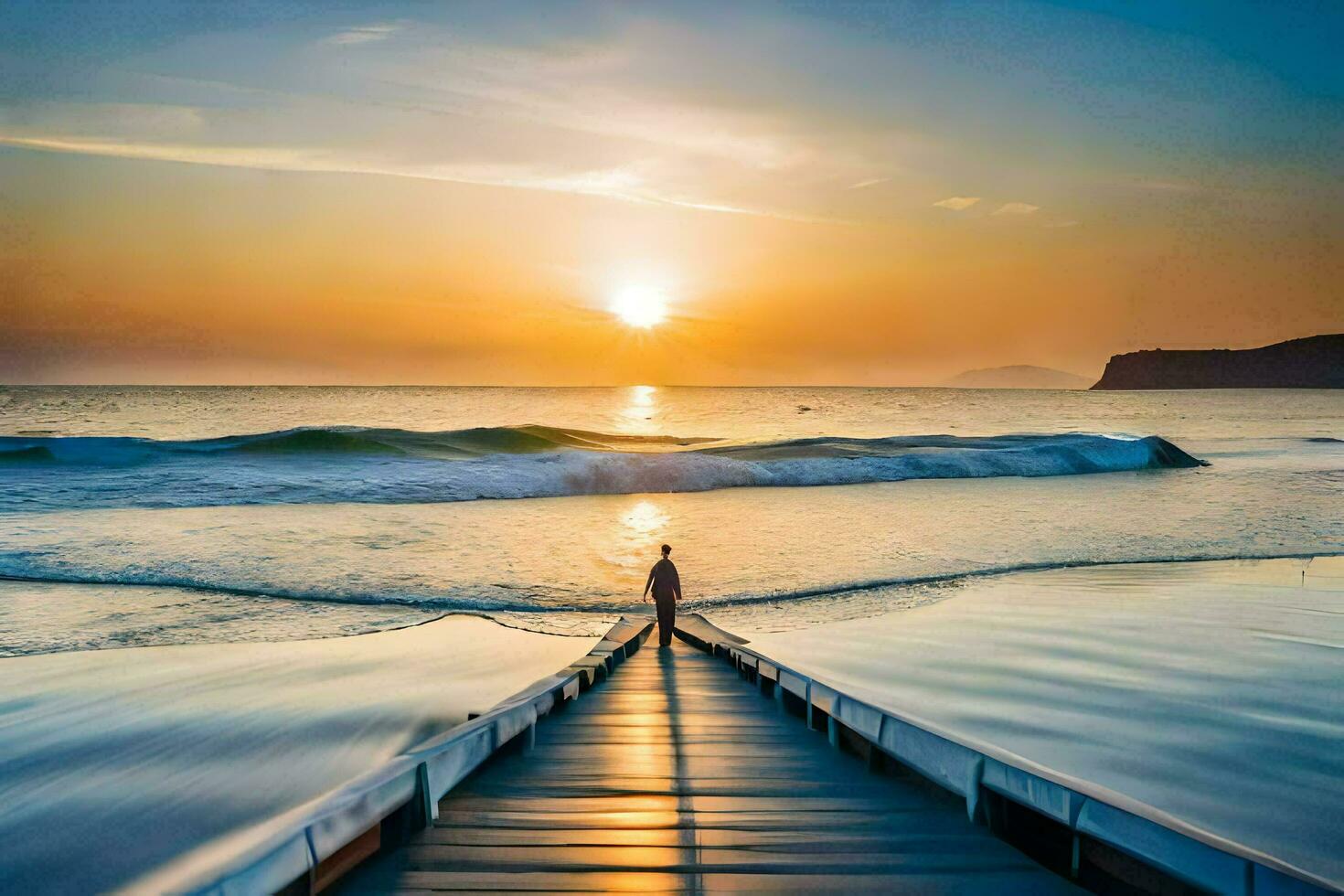 the man stands on the wooden walkway at sunset. AI-Generated photo