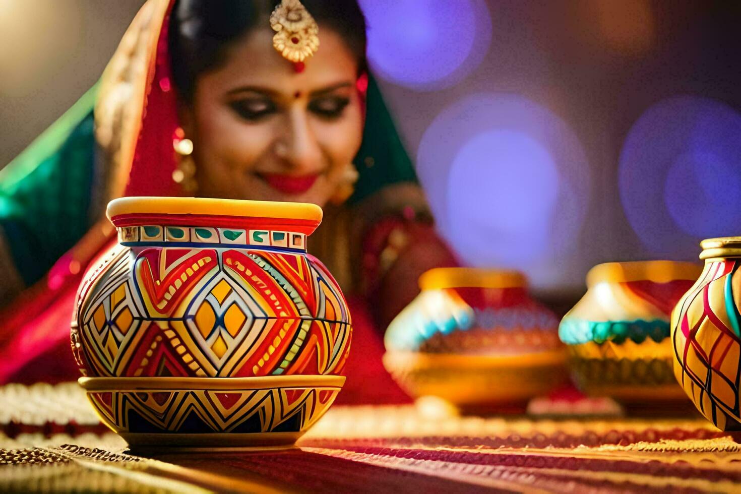 a woman in traditional indian dress is holding a pot. AI-Generated photo