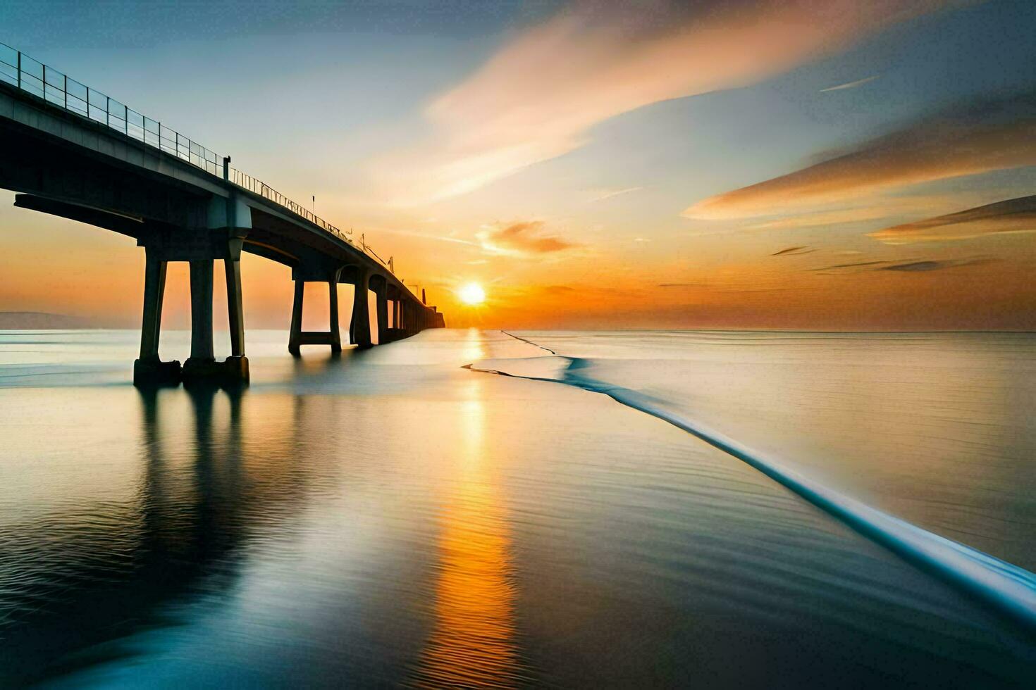 a bridge over the ocean at sunset. AI-Generated photo