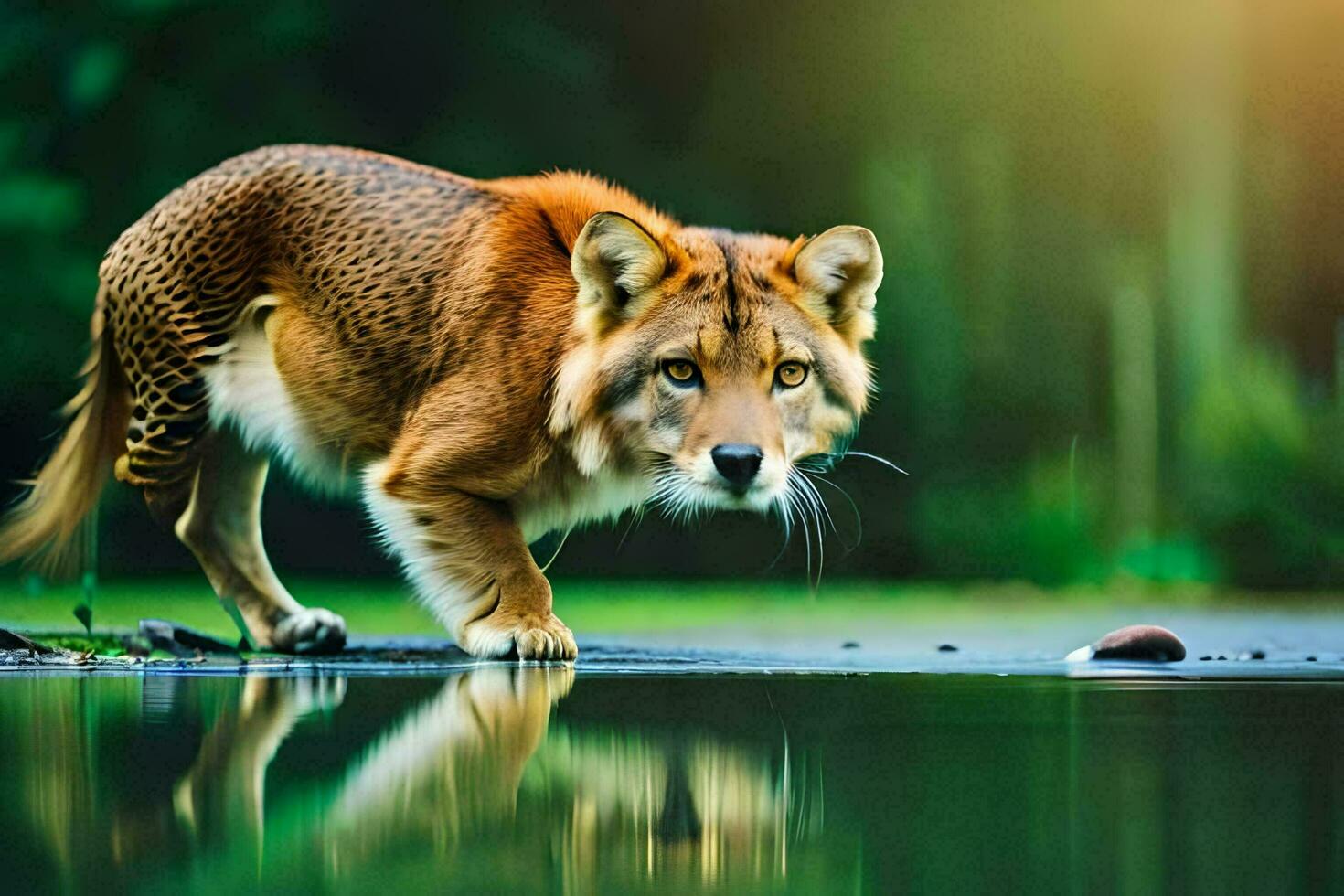 a wolf is walking across the water. AI-Generated photo
