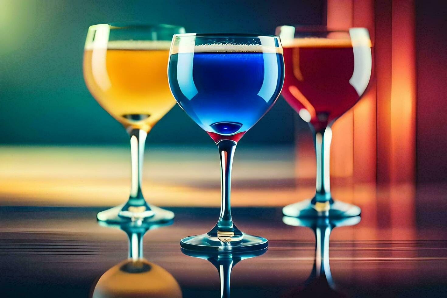 three glasses of colored liquid on a table. AI-Generated photo
