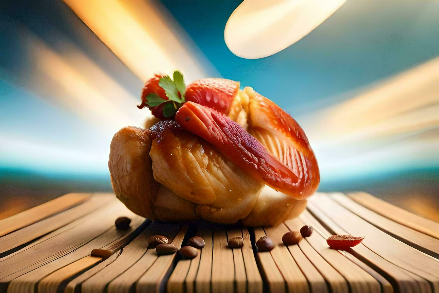 a piece of meat on top of a wooden table. AI-Generated photo
