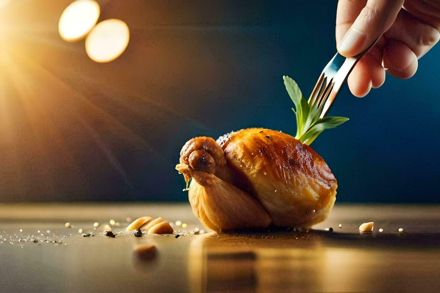 a person holding a fork over a roasted chicken. AI-Generated photo