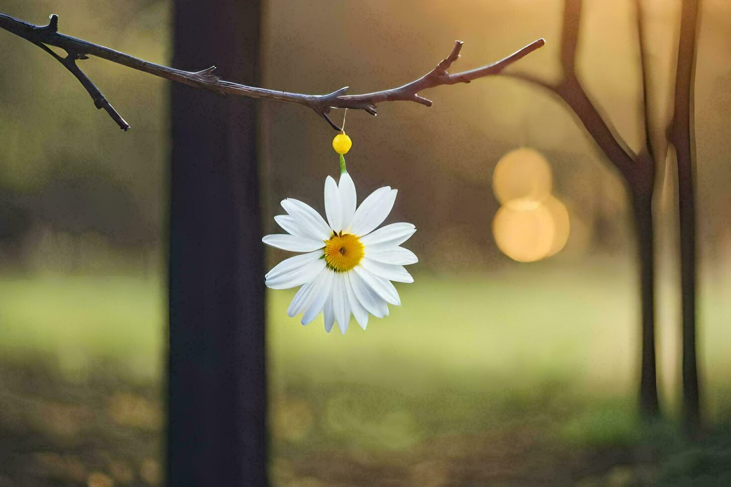 a daisy hanging from a branch in the woods. AI-Generated photo