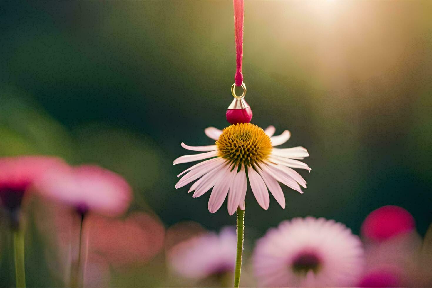 un rosado flor con un rojo cinta colgando desde él. generado por ai foto