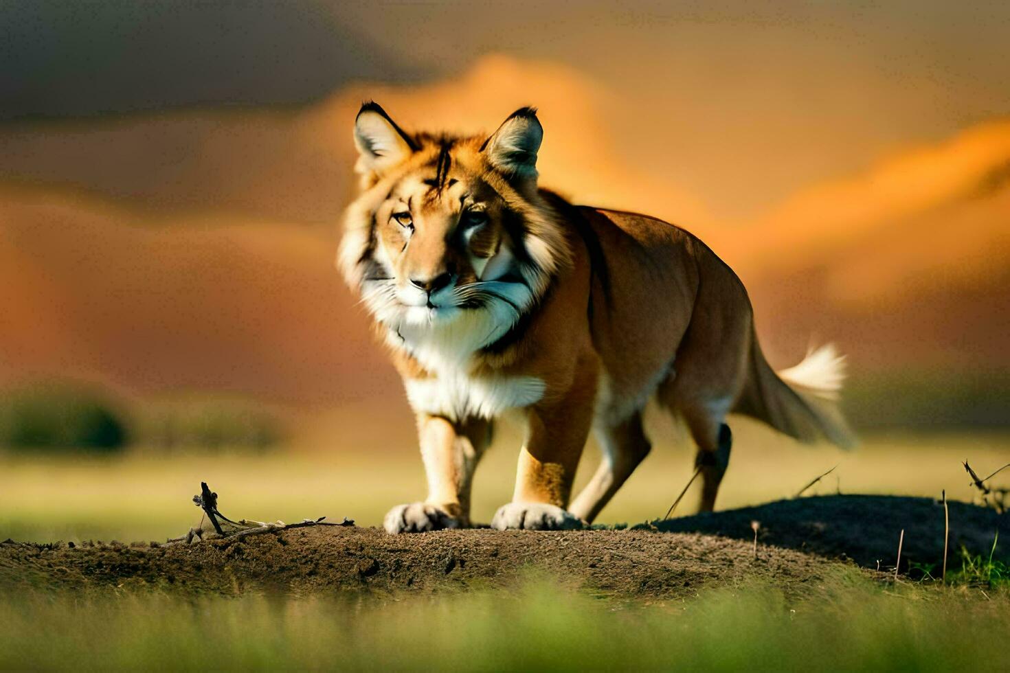 a tiger standing on a hill in the middle of a field. AI-Generated photo