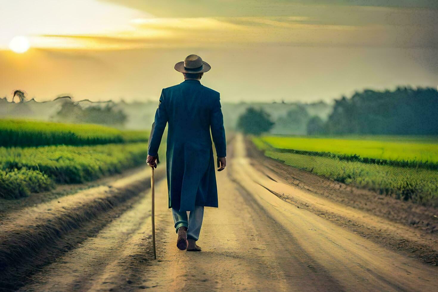 a man in a suit walks down a dirt road. AI-Generated photo