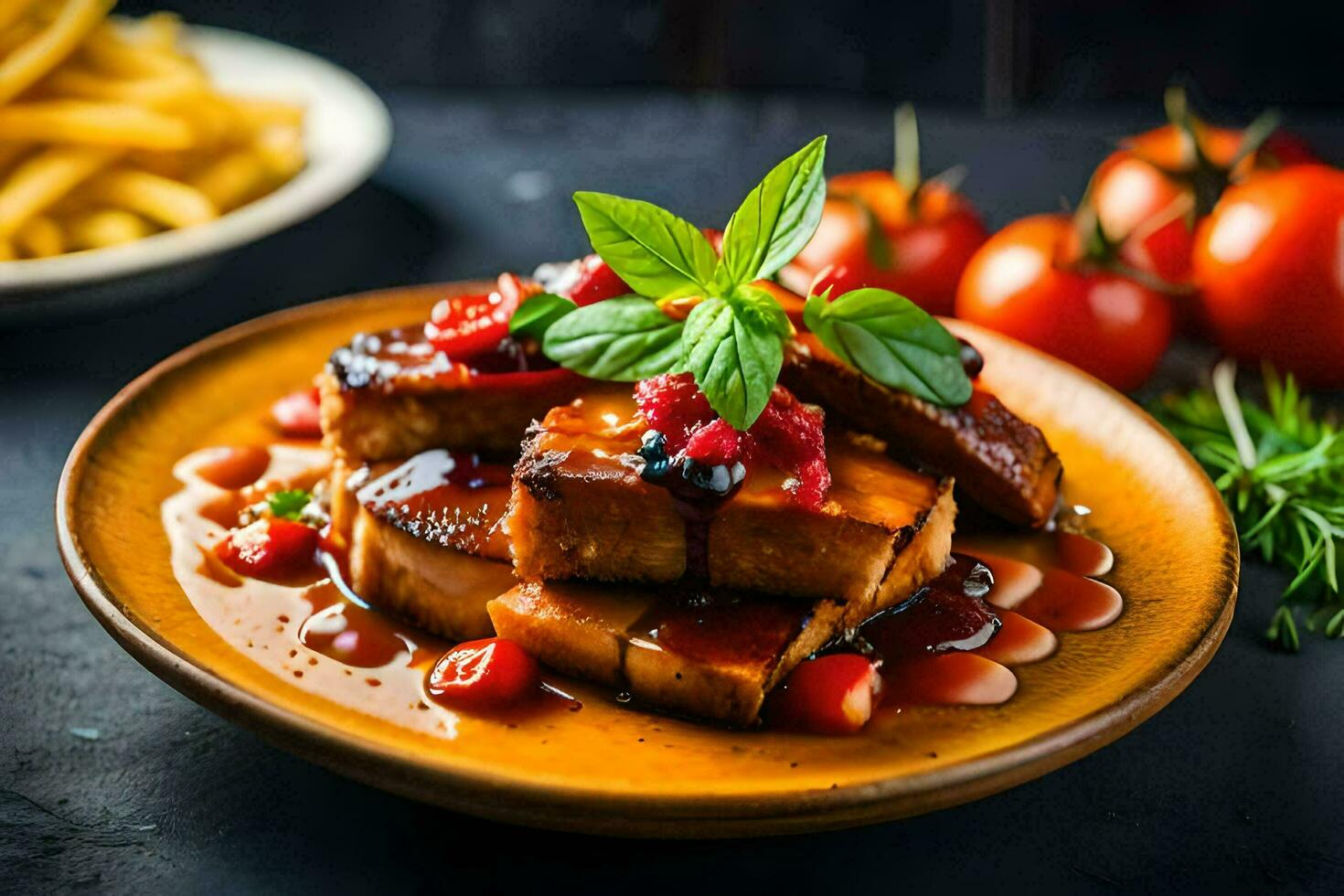 grilled tofu with tomato sauce and french fries on a dark background. AI-Generated photo