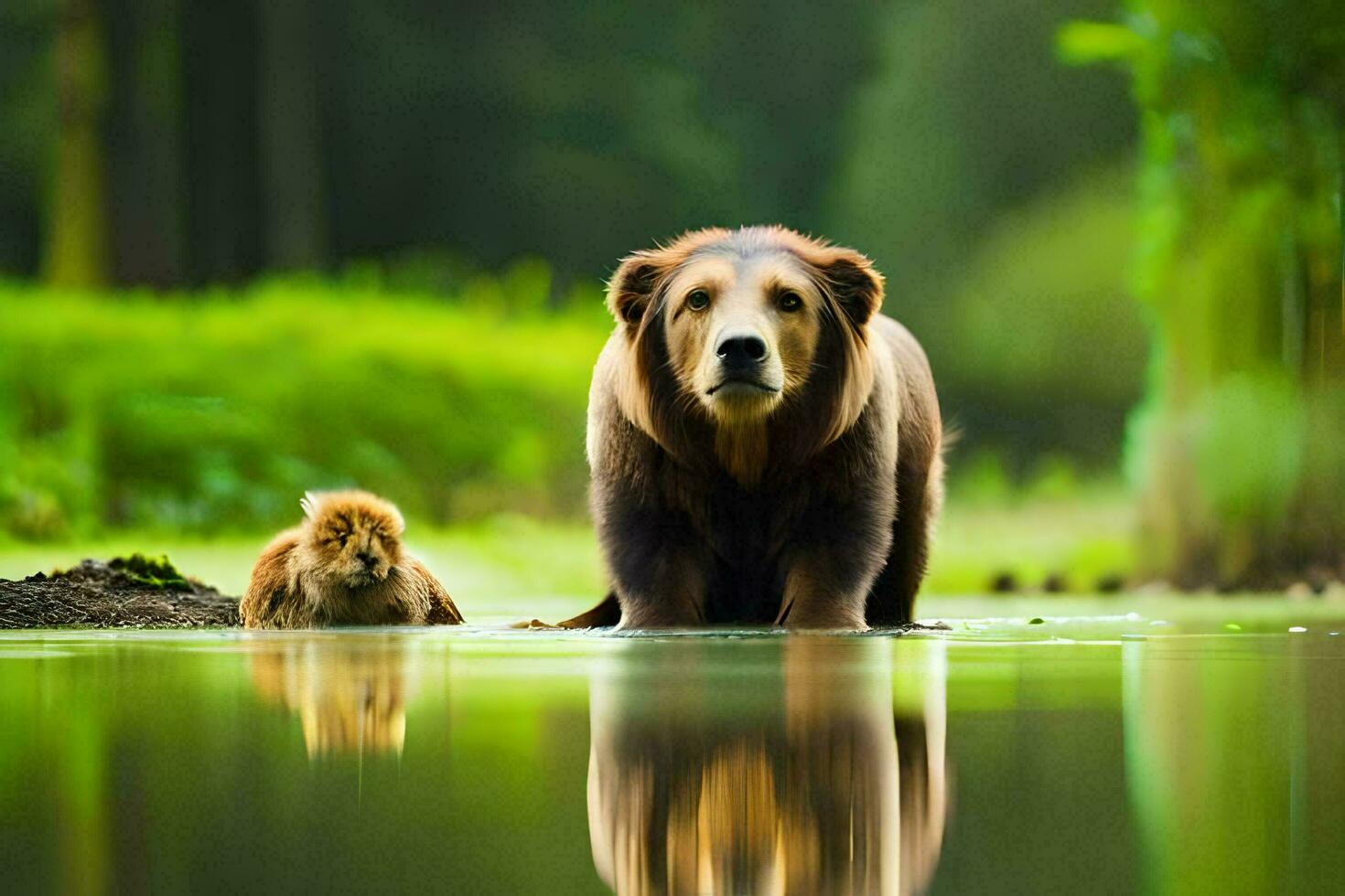 un oso y un perro en pie en el agua. generado por ai foto