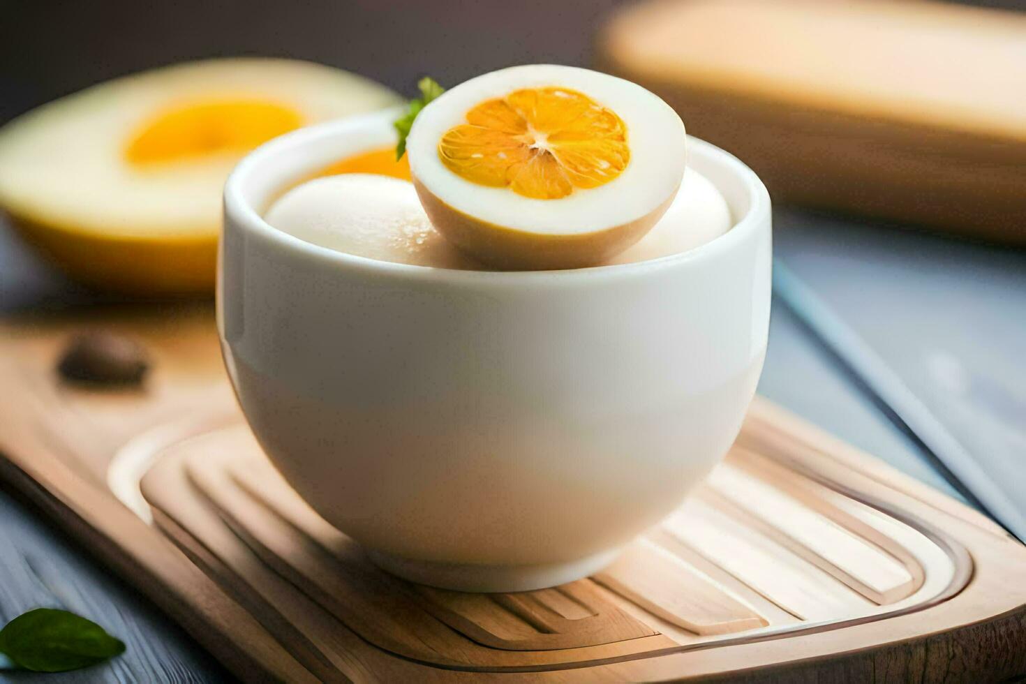 an egg in a cup with a slice of orange. AI-Generated photo