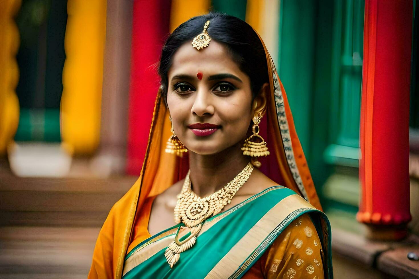 a beautiful indian woman wearing a sari and jewelry. AI-Generated photo