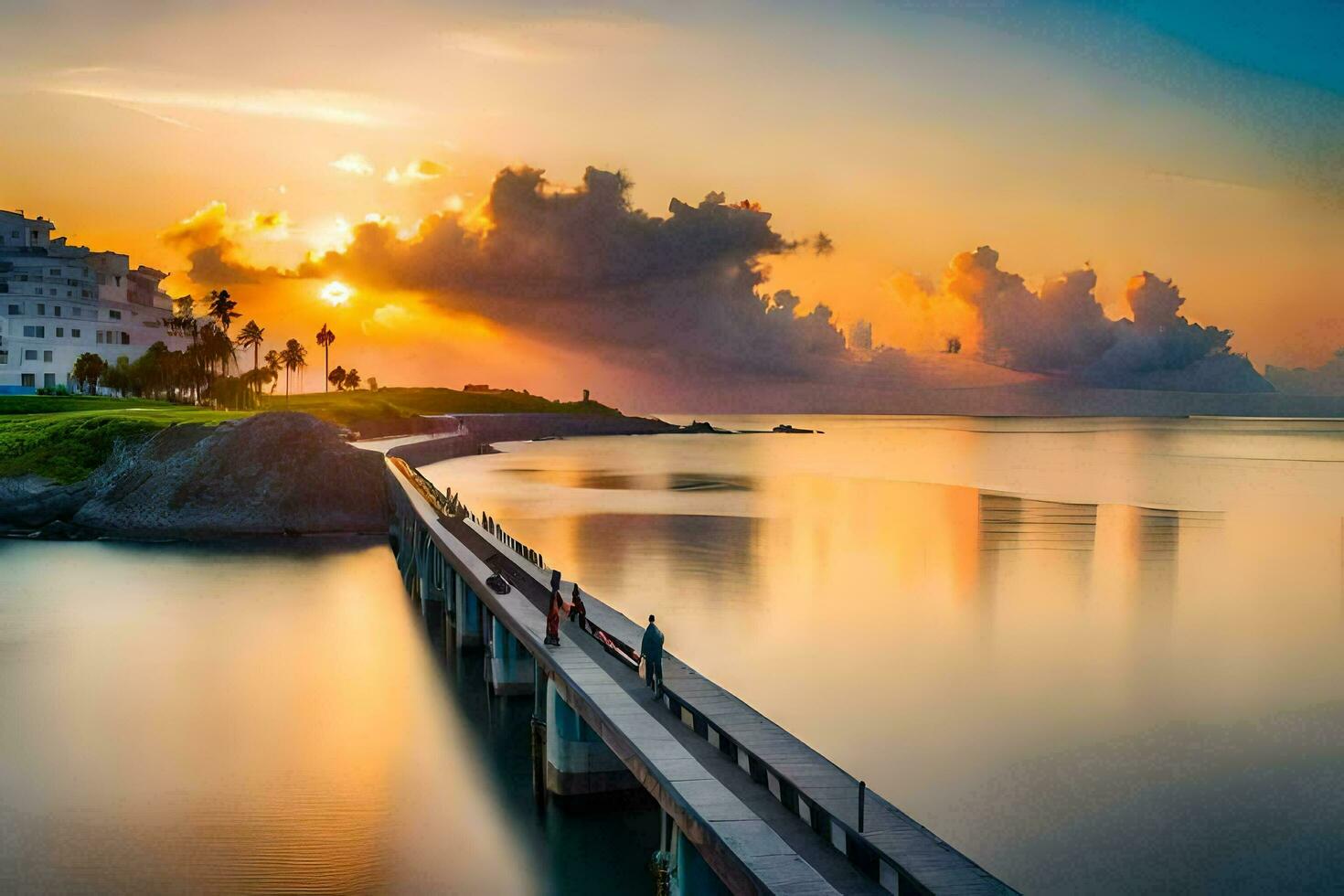 a pier with a sunset over the water. AI-Generated photo