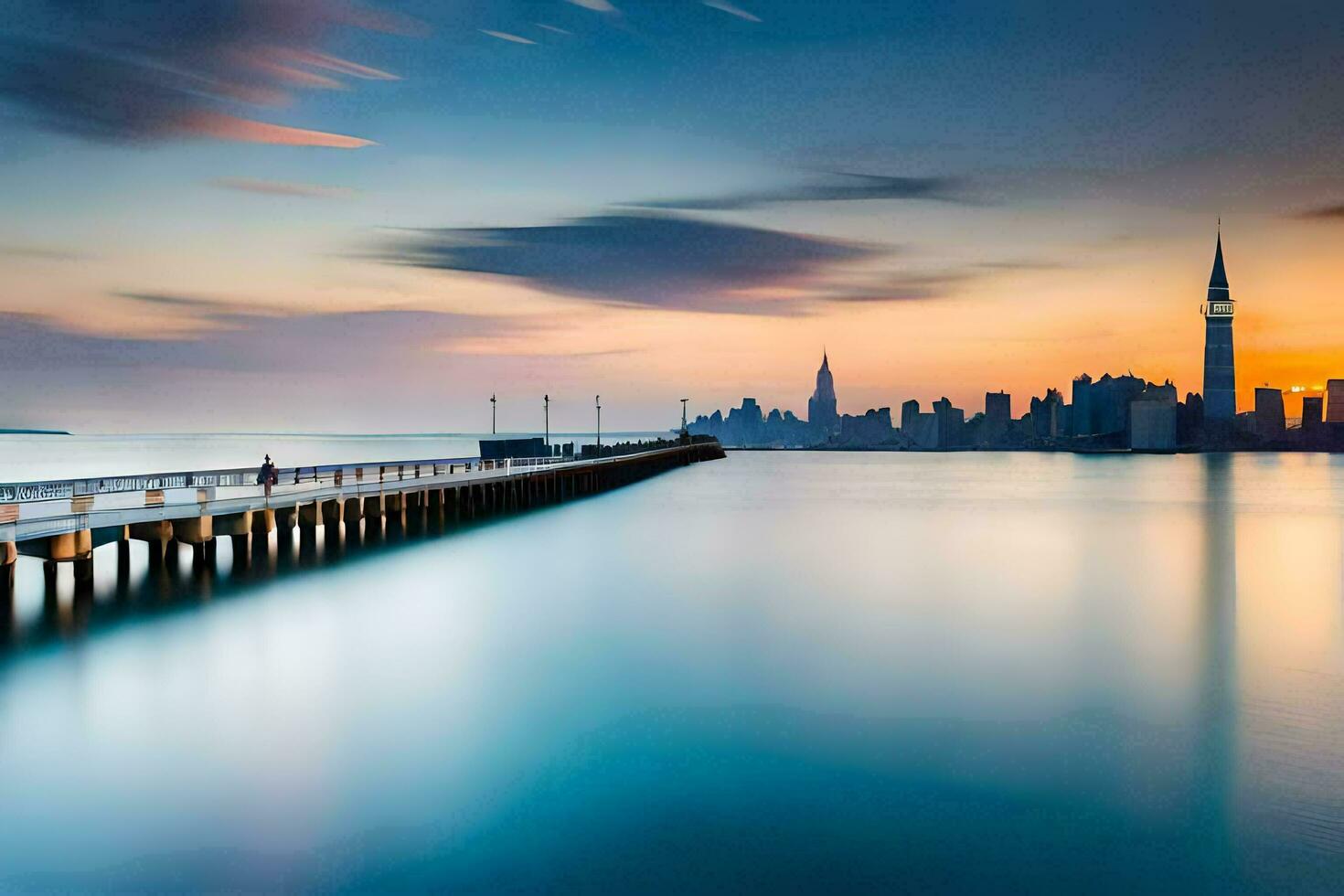 a long exposure photo of a pier in the water with a city skyline in the background. AI-Generated