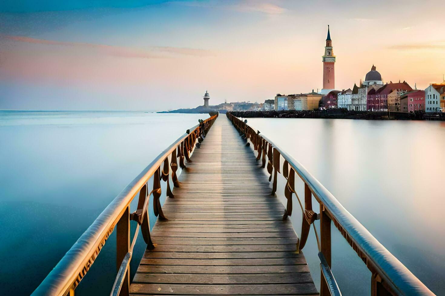 a wooden pier stretches out into the water at sunset. AI-Generated photo