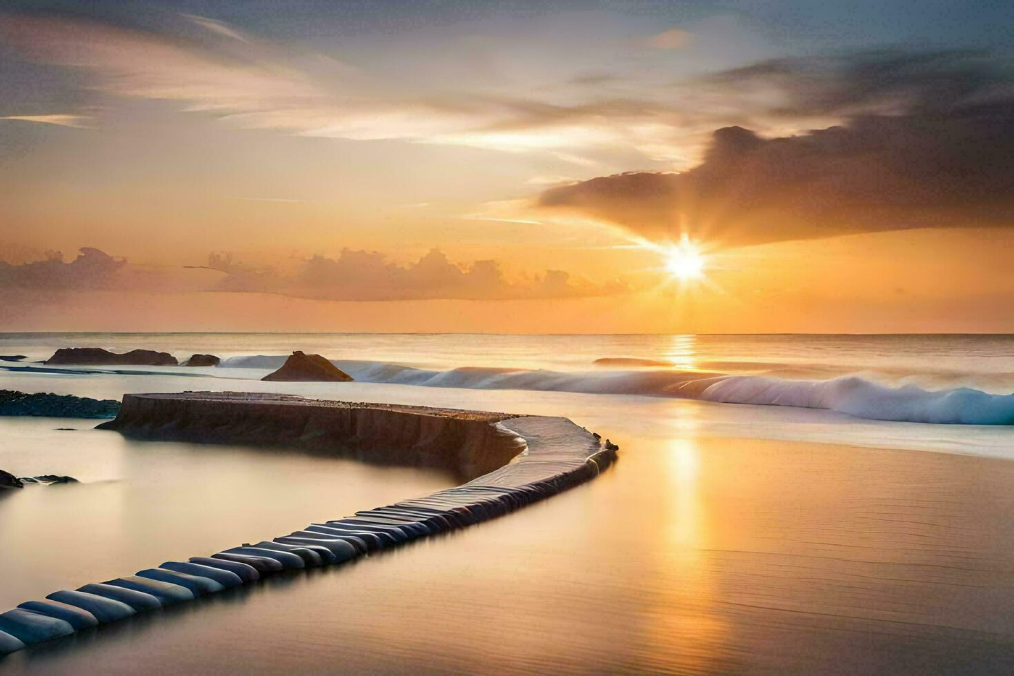 a long pier with waves crashing into it at sunset. AI-Generated photo