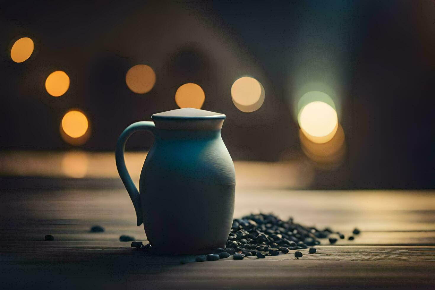 a coffee pot and beans on a wooden table. AI-Generated photo