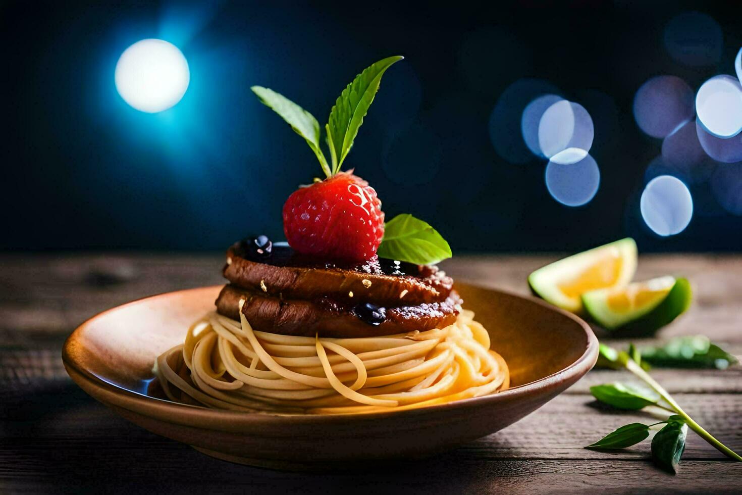 spaghetti with berries and mint on a wooden table. AI-Generated photo