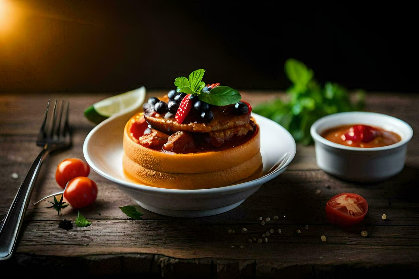 a plate of food with tomatoes, cucumber and mint. AI-Generated photo