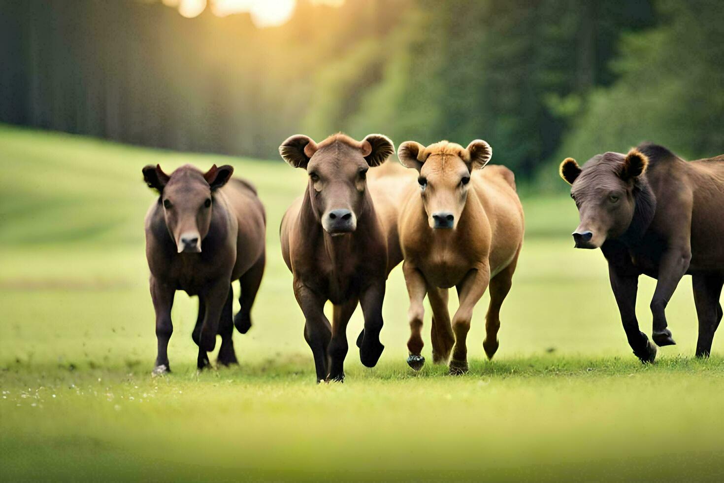 a group of brown cows running in the grass. AI-Generated photo